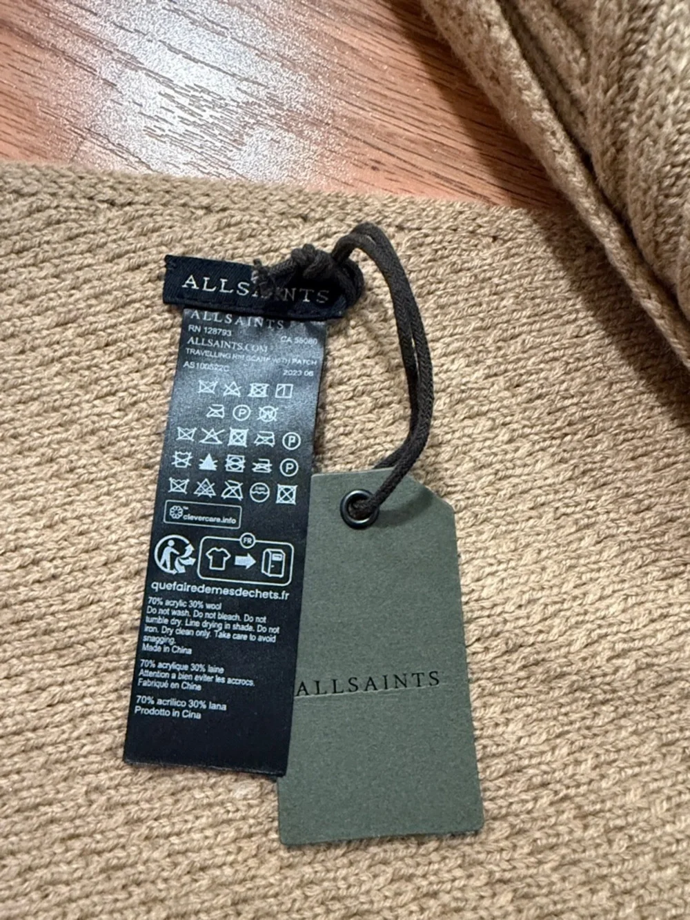 All saints traveling rib scarf Cortina beige acrylic wool blend unisex new